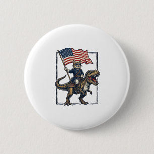 Badge Rond 5 Cm Chat Patriotique à Cheval sur un Dinosaure Design