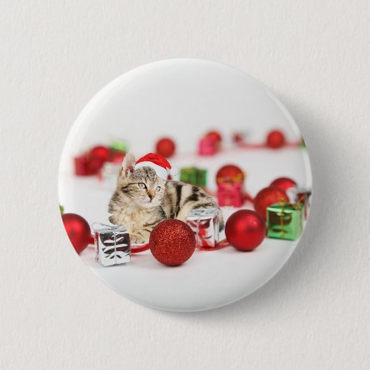 Badge Rond 5 Cm Chat portant le chapeau rouge du Père Noël (Devant)