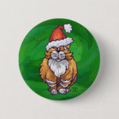 Badge Rond 5 Cm Chat roux de Noël sur fond vert (Devant)
