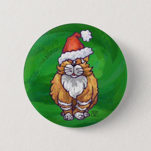 Badge Rond 5 Cm Chat roux de Noël sur fond vert (Devant)
