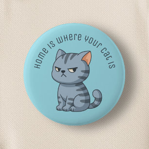 Badge Rond 5 Cm Chat tabby gris grincheux Texte personnalisé Bleu