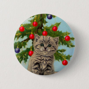 Badge Rond 5 Cm Chat vintage et arbre de Noël