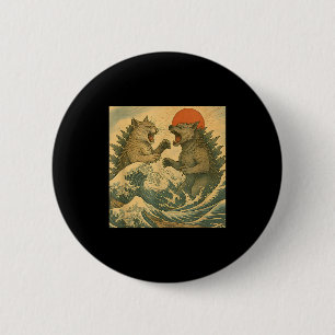 Badge Rond 5 Cm Chat Vs Chien Kaiju Monstre Japonais Style Ukiyo-e