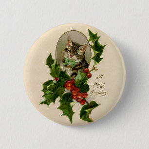 Badge Rond 5 Cm Chaton de Noël victorien au houx antique tabby