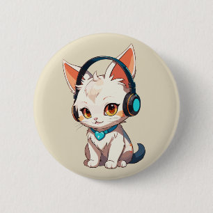 Badge Rond 5 Cm Chaton élégant mignon avec casque audio