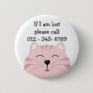 Badge Rond 5 Cm Chaton rose sourire, contact d'urgence pour enfant