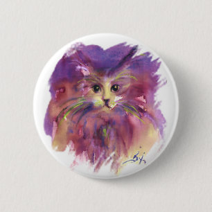 Badge Rond 5 Cm CHATON VIOLET ,PORTRAIT DE CHAT,Blanc