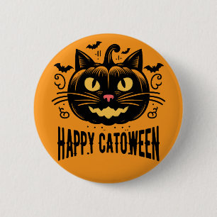 Badge Rond 5 Cm Chatoween Joyeux Chat Noir Visage de Citrouille Ha