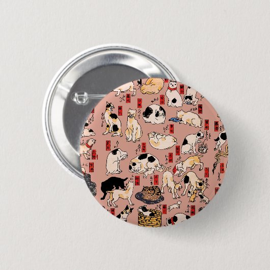 Badge Rond 5 Cm chats japonais Ukiyo-e Funny kitty (Devant & derrière)