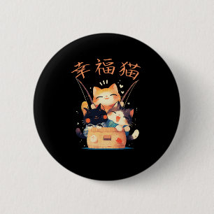 Badge Rond 5 Cm Chats mignons Kawaii heureux pêchant avec des kanj