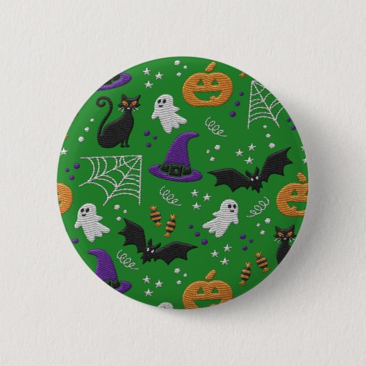 Badge Rond 5 Cm Chats noirs Fantômes chauves-souris Motif vert Hal (Devant)