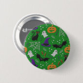 Badge Rond 5 Cm Chats noirs Fantômes chauves-souris Motif vert Hal (Devant & derrière)