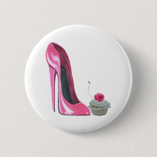 Badge Rond 5 Cm Chaussure et petit gâteau stylets roses