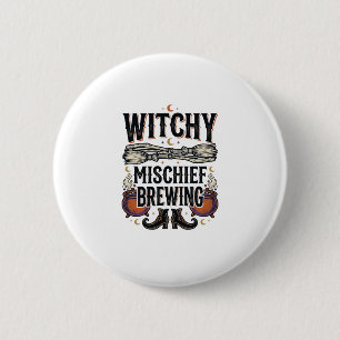 Badge Rond 5 Cm Chemise sorcière Halloween avec balai et chaudrons