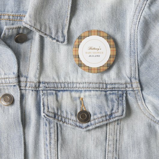 Badge Rond 5 Cm Chèque en beige Baby shower plaid (En situation)