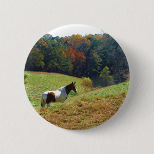 Badge Rond 5 Cm Cheval blanc et Brown, étang d'automne