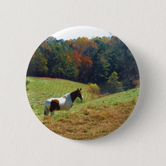 Badge Rond 5 Cm Cheval blanc et Brown, étang d'automne (Devant)