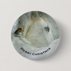Badge Rond 5 Cm Cheval blanc et oiseau dans une neige hivernale No