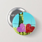 Badge Rond 5 Cm Cheval blond et Coeurs rose et rouge (Devant & derrière)