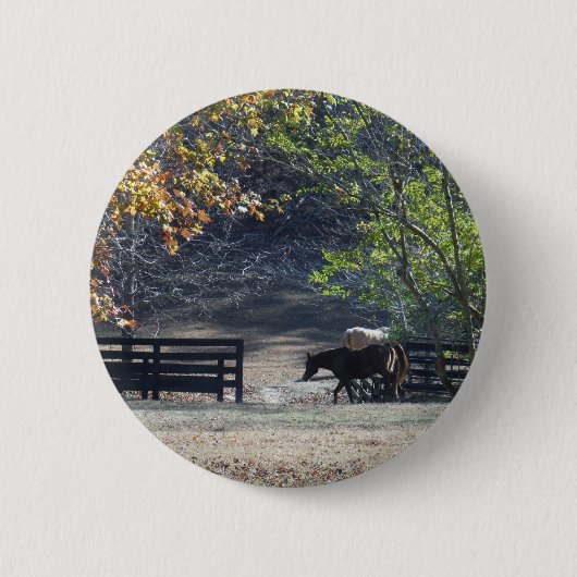 Badge Rond 5 Cm Cheval Brown à pied à travers la clôture (Devant)
