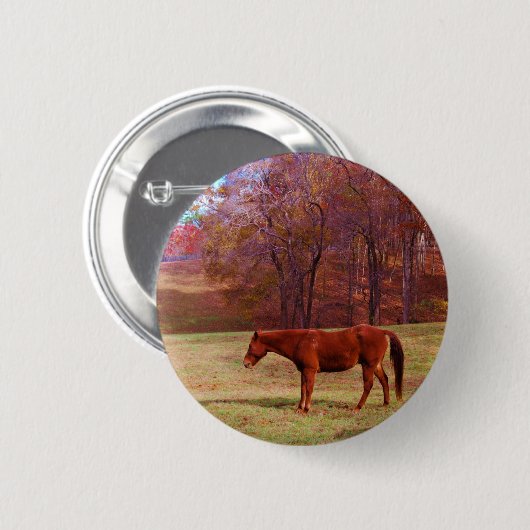 Badge Rond 5 Cm Cheval Brown dans un champ d'herbe (Devant & derrière)