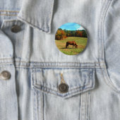 Badge Rond 5 Cm Cheval Brown rouge, ciel bleu Turquoise (En situation)