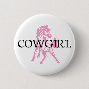 Badge Rond 5 Cm Cheval de Bronc de cow-girl (version rose de