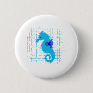 Badge Rond 5 Cm Cheval De Mer Bleu Sur Un Arrière - plan En Perte