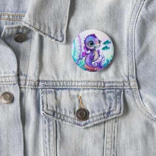 Badge Rond 5 Cm Cheval de mer pourpre (En situation)