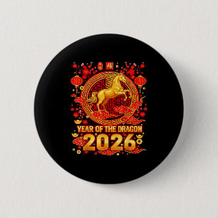 Badge Rond 5 Cm Cheval doré Nouvel An chinois 2026 Dragon Zodiaque