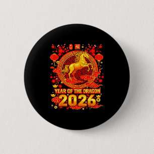 Badge Rond 5 Cm Cheval doré Nouvel An chinois 2026 Dragon Zodiaque