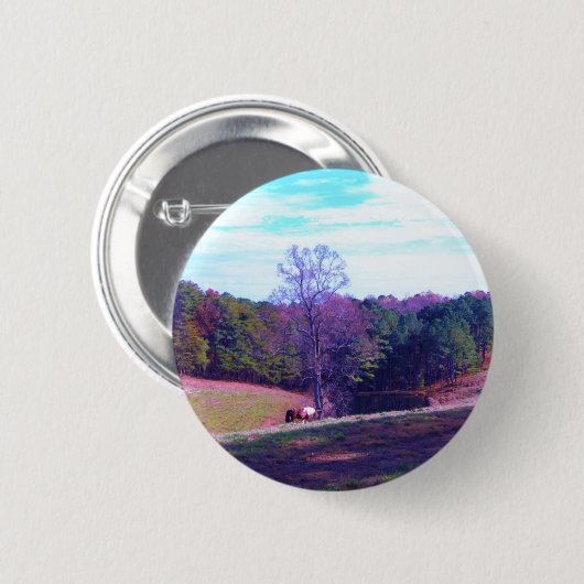 Badge Rond 5 Cm Cheval éloigné dans un champ violet (Devant & derrière)