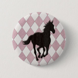 Badge Rond 5 Cm Cheval noir sur le motif blanc rose de diamant