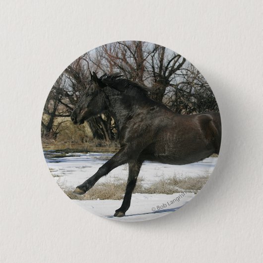 Badge Rond 5 Cm Cheval sauvage de mustang dans la neige 2 (Devant)