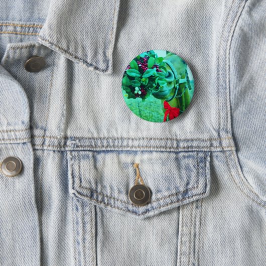 Badge Rond 5 Cm Cheval Turquoise Mistletoe de Noël (En situation)