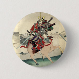 Badge Rond 5 Cm Chevalier guerrier japonais ukiyo-e cheval samoura