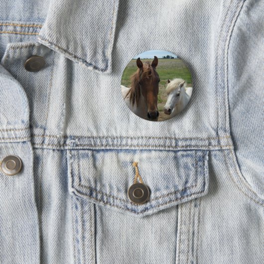 Badge Rond 5 Cm Chevaux Brown Et Blanc, (En situation)