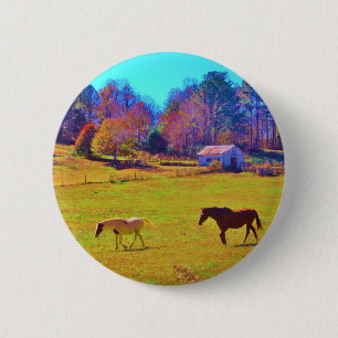 Badge Rond 5 Cm Chevaux dans un champ de couleur arc-en-ciel