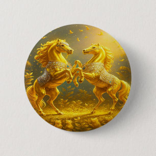 Badge Rond 5 Cm Chevaux dorés majestueux dansant dans un coucher d