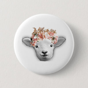 Badge Rond 5 Cm Chèvre de bébé avec la couronne de fleur