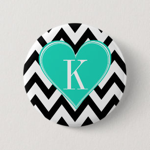 Badge Rond 5 Cm Chevron noir et blanc avec le monogramme turquoise