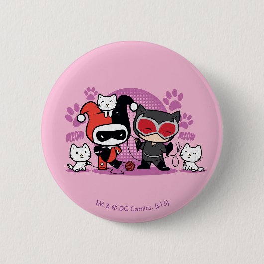 Badge Rond 5 Cm Chibi Harley Quinn Et Chibi Catwoman Avec Des Chat (Devant)