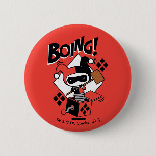 Badge Rond 5 Cm Chibi Harley-Quinn-In-A-Box Avec Marteau