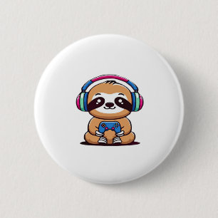 Badge Rond 5 Cm Chibi Kawaii Sloth Gamer - animal drôle mignonne a