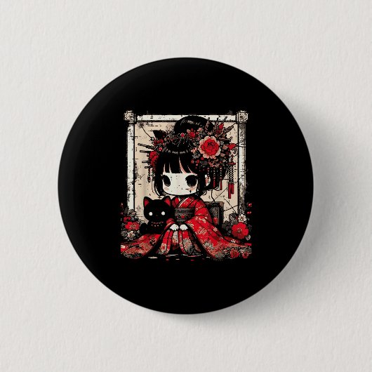 Badge Rond 5 Cm Chibi Kimono Girl Black Cat Flowers Japanese Art W (Devant)