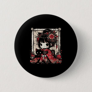 Badge Rond 5 Cm Chibi Kimono Girl Fleurs de chats noirs Art W japo