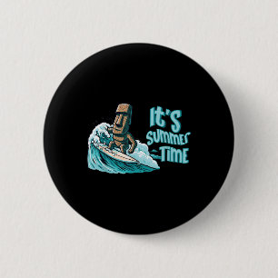 Badge Rond 5 Cm Chibi Moai Mood Surf Heure d'été Plage Océan Se