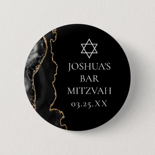 Badge Rond 5 Cm Chic Black Gold Agate Bar Mitzvah Party (Devant)