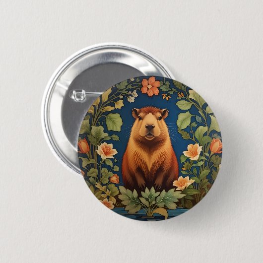 Badge Rond 5 Cm Chic Capybara - William Morris Inspiré (Devant & derrière)