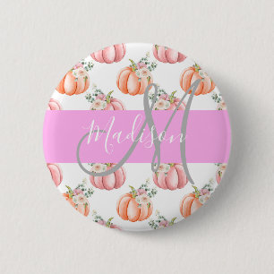 Badge Rond 5 Cm Chic Fleur Blanche Rose Pêche Citrouille Monogramm